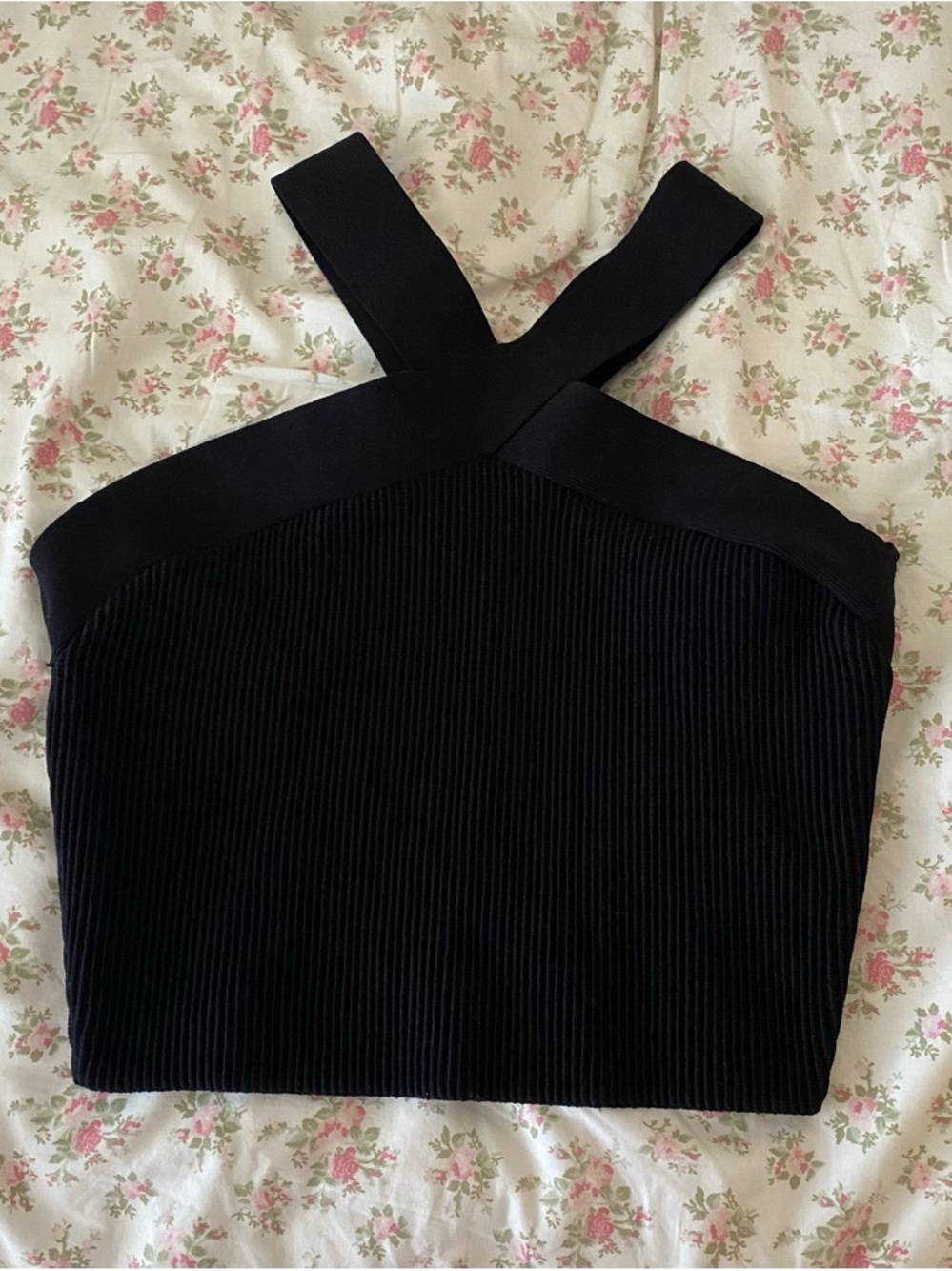 Aritzia Babaton Contour Criss-Cross Black Ribbed Cropped Top